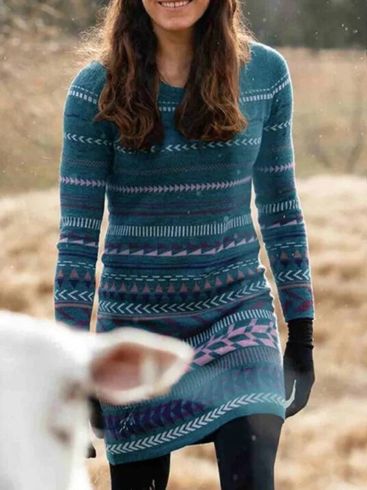 Retro Ethnic Striped Sweater Women's Round Neck Sweater.