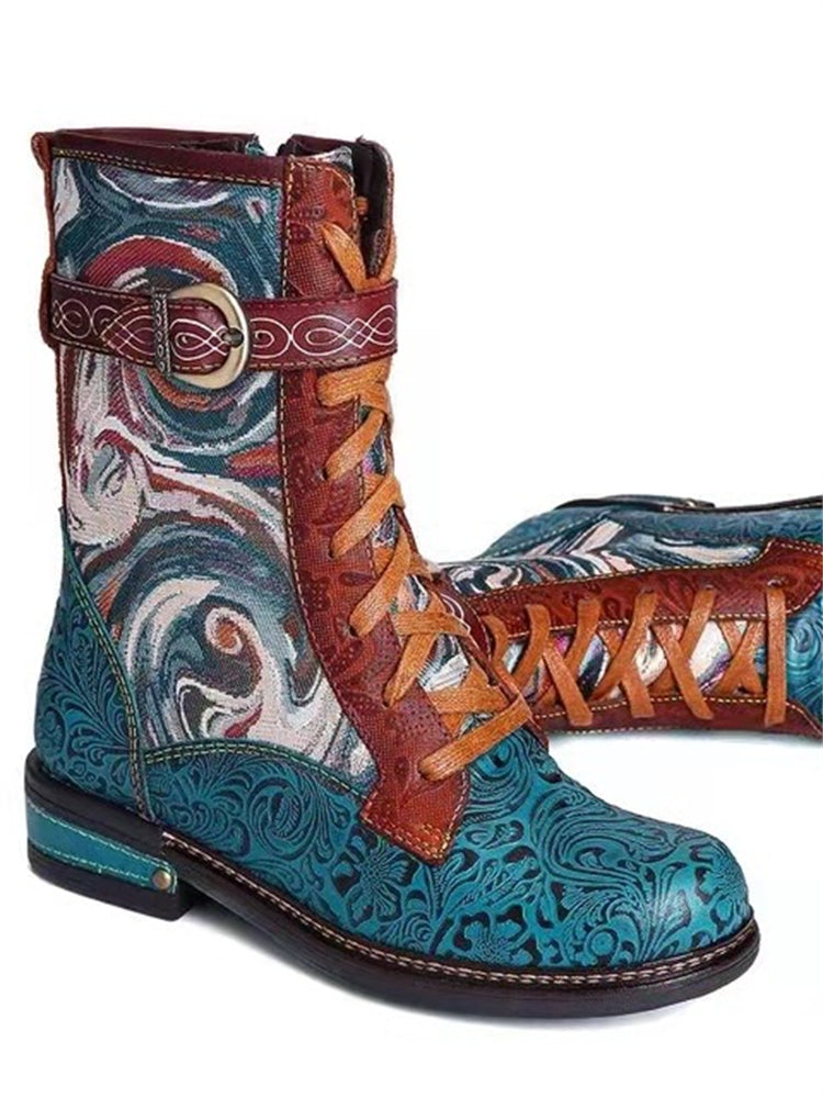 Vintage Floral Carved Patchwork Ankle Boots