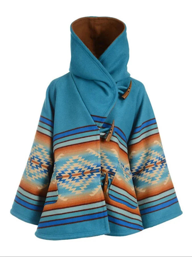 Ethnic Geometric Print Hooded Coat.