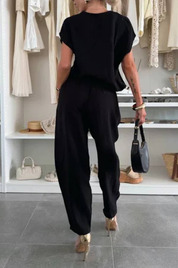 Leva Linen Blend Drawstring Short Sleeve Top and Elastic Waist Pocket Loose Tapered Pants