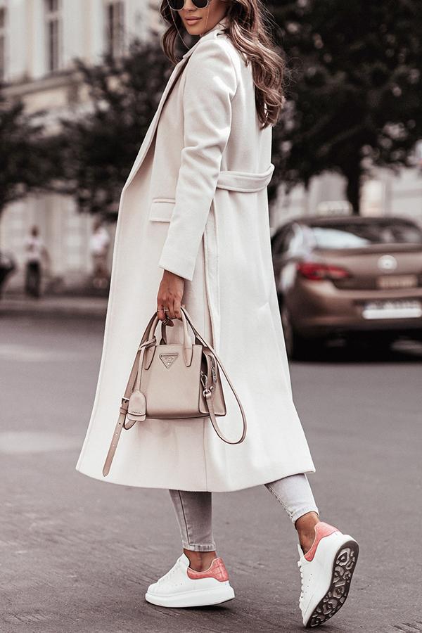 Simple Long-sleeved V-neck Tie Woolen Coat