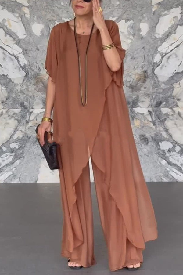 Solid Color Round Neck Irregular Loose Chiffon Top and Casual Wide-leg Pants Set