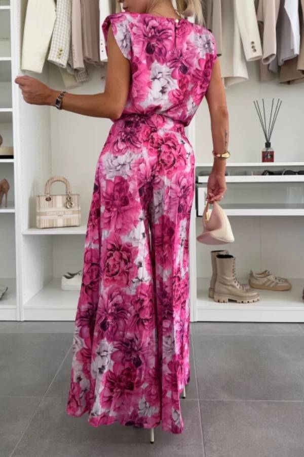 Fashionable Round Neck Shoulder Pads Top and Elastic Waist Pleated Wide-leg Pants Set
