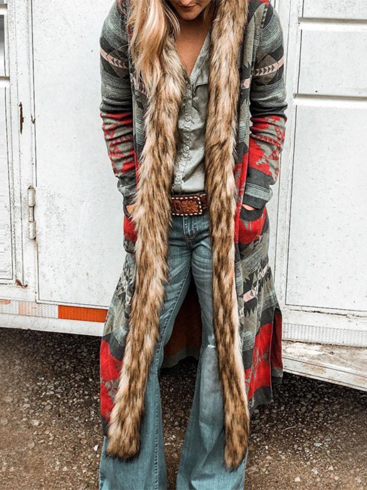 Western Style Retro Fur Collar Long Cardigan Jacket