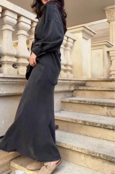 Long-sleeved Tie-Drawstring Shirt and Skirt Set