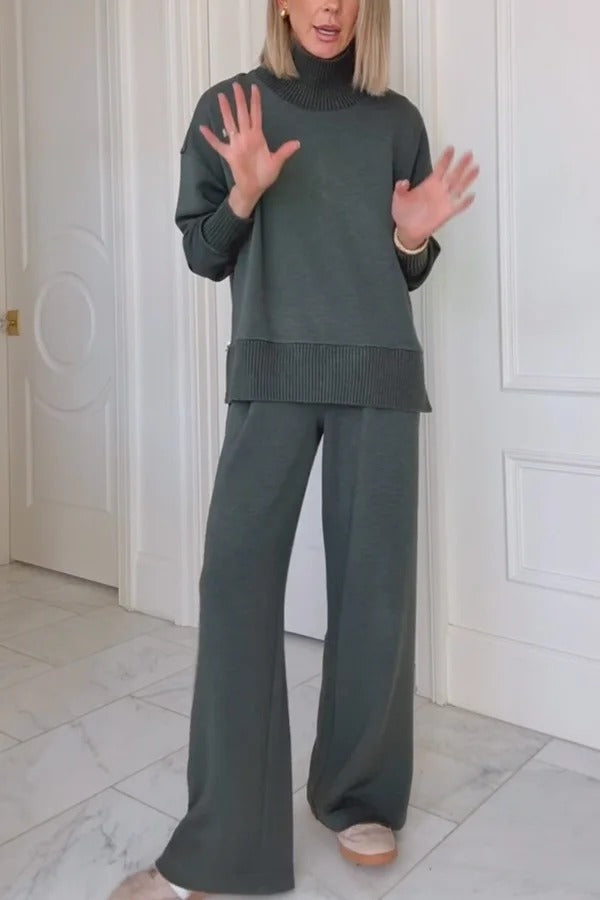 Barker High-Neck Long Sleeve Side Zipper Sweatshirt and Elastic Waist Pocketed Loose Pants Set