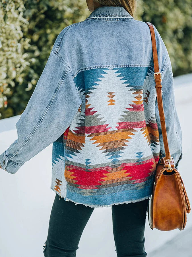 Women's western style aztec print stitching denim jacket.