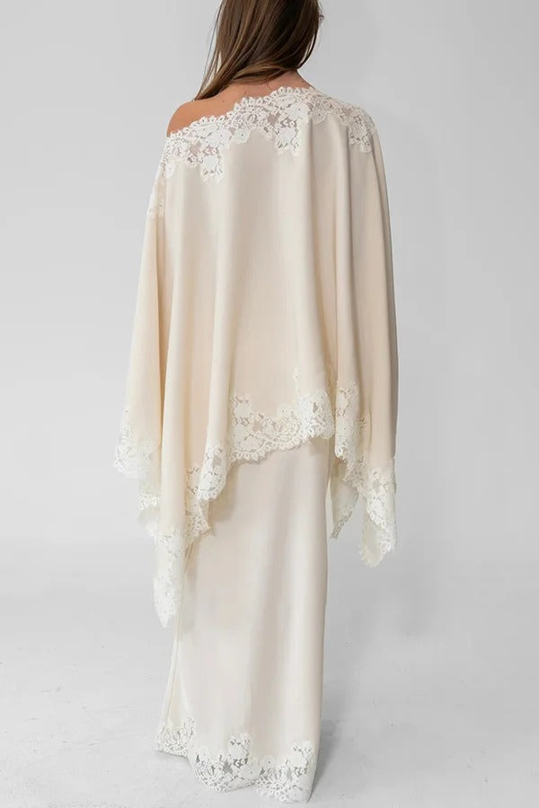 Like A Swan Lace Trim Off Shoulder Cape Top and Elastic Waist Draped Maxi Skirt Set