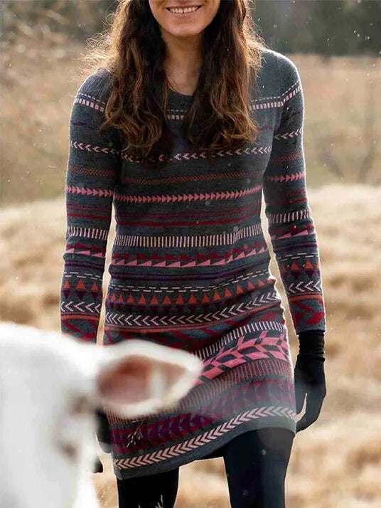 Retro Ethnic Striped Sweater Women's Round Neck Sweater.