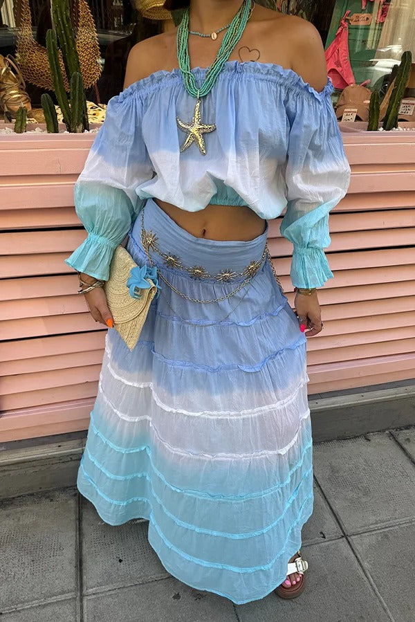 Fashionable Gradient Off Shoulder Long Sleeve Top and Resort Style Spliced Maxi Skirt Set