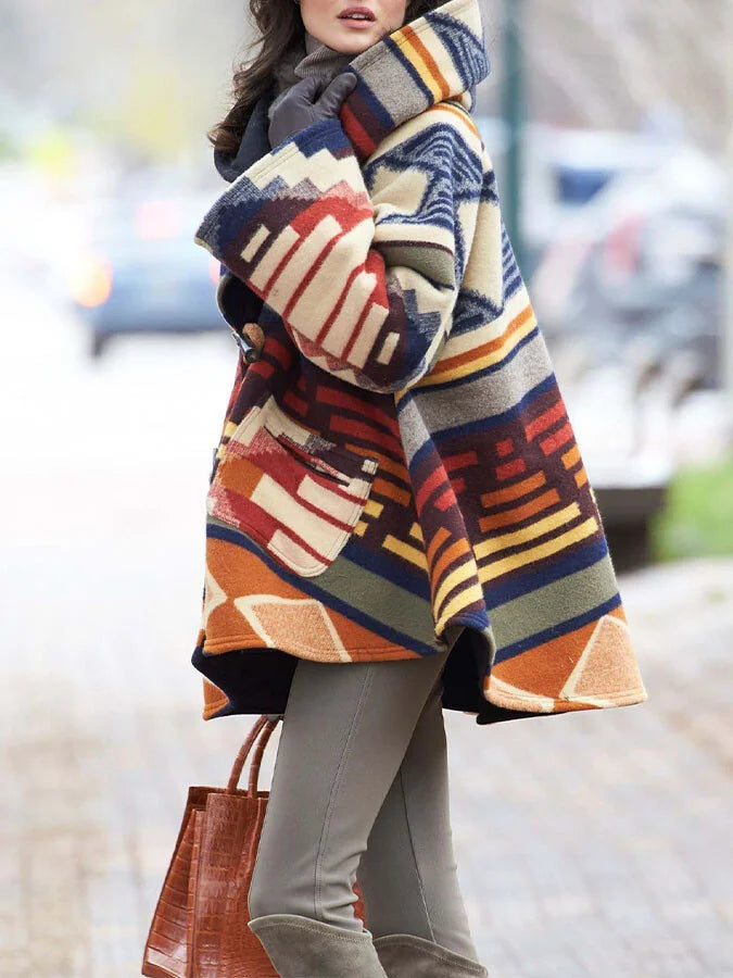 Geometric Print Hooded Woolen Coat.