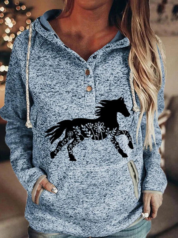 Women's Floral Horse Print Casual Hoodie.