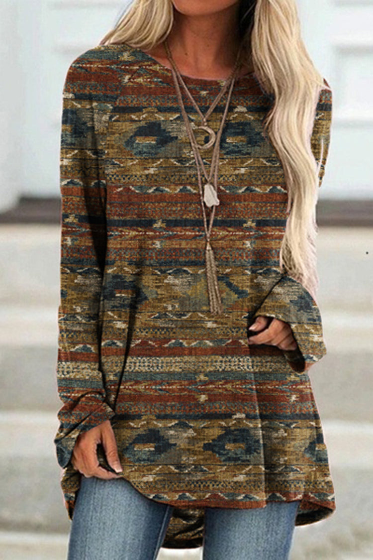 Western Print Long Sleeve Casual Tunic