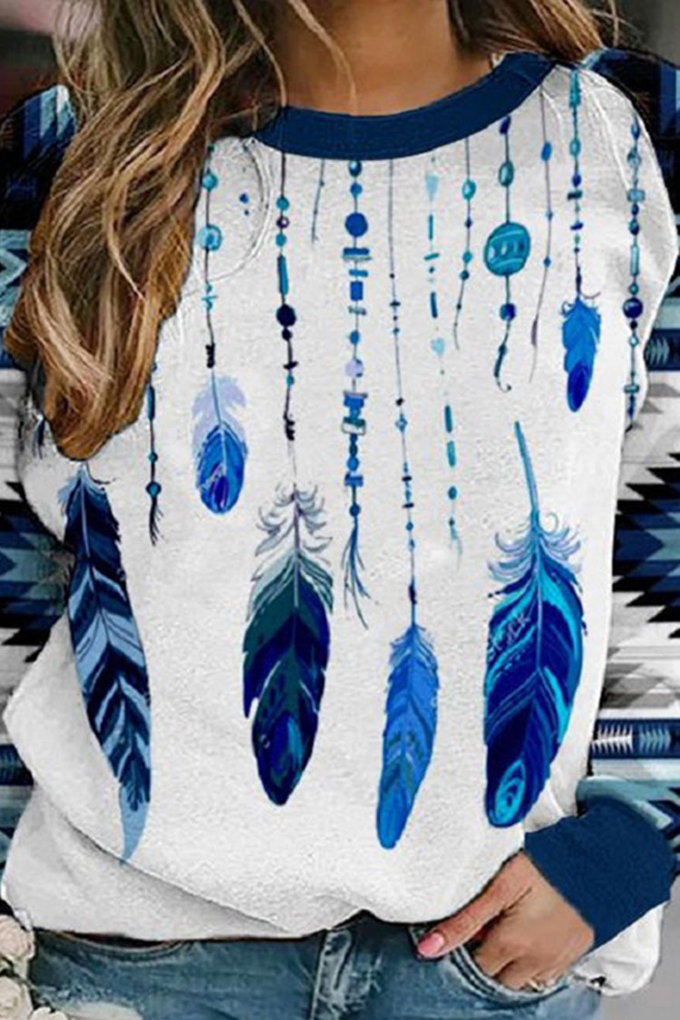 Casual Western Feather Print Sweatshirt