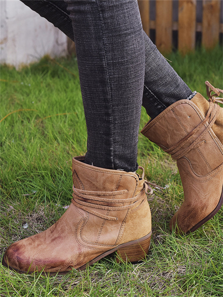 Wisherryy Laced Washed Leather Patchwork Ankle Boots