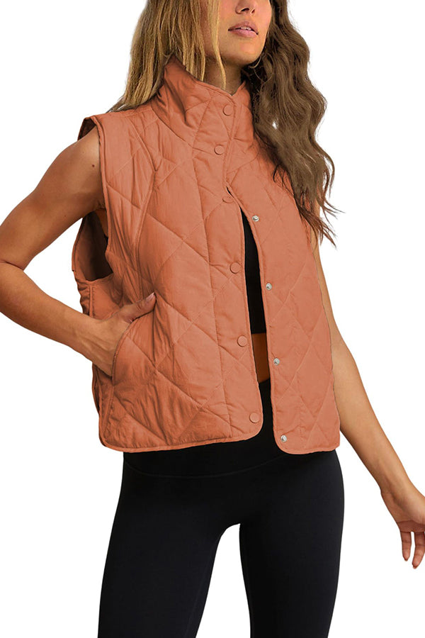 Quilted cotton stand-collar lightweight button-up vest