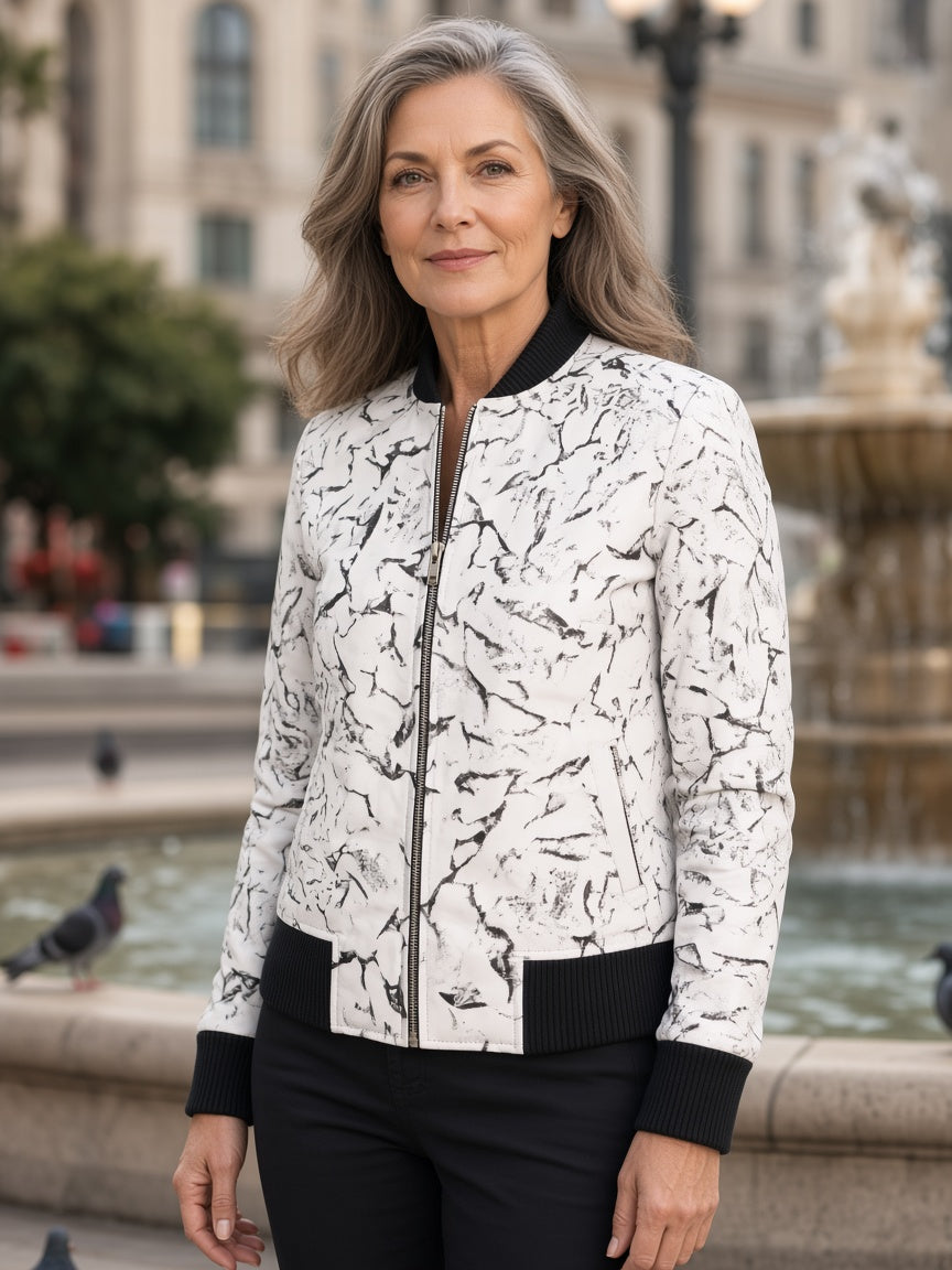 Donna Blake White Leather Bomber Jacket
