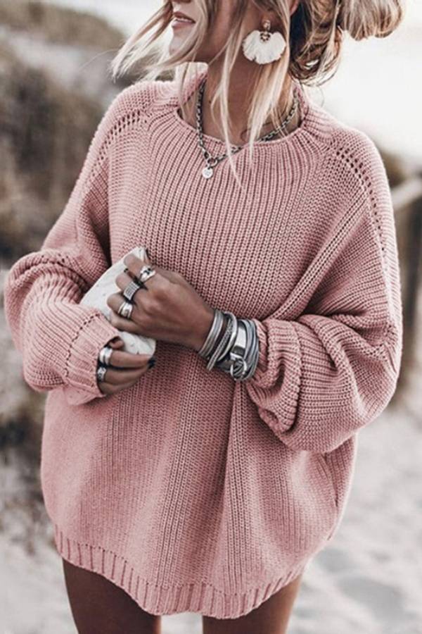 Loose lantern sleeve mid-length sweater