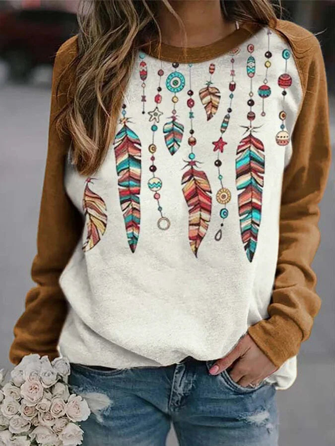 Women's ethnic feather print sweatshirt.