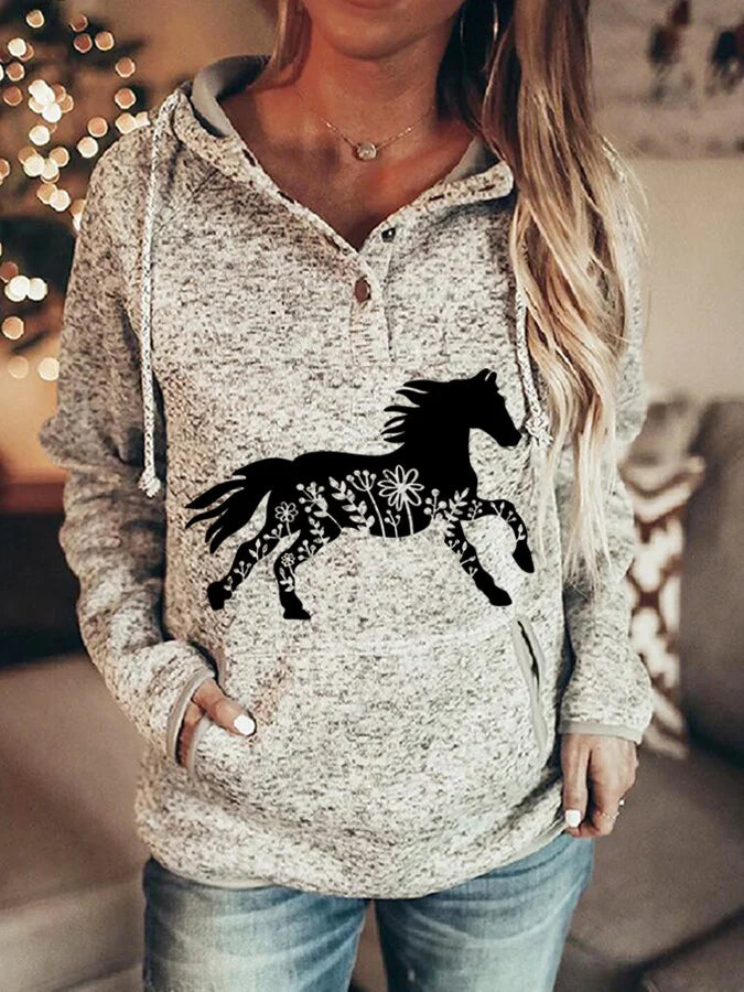 Women's Floral Horse Print Casual Hoodie.