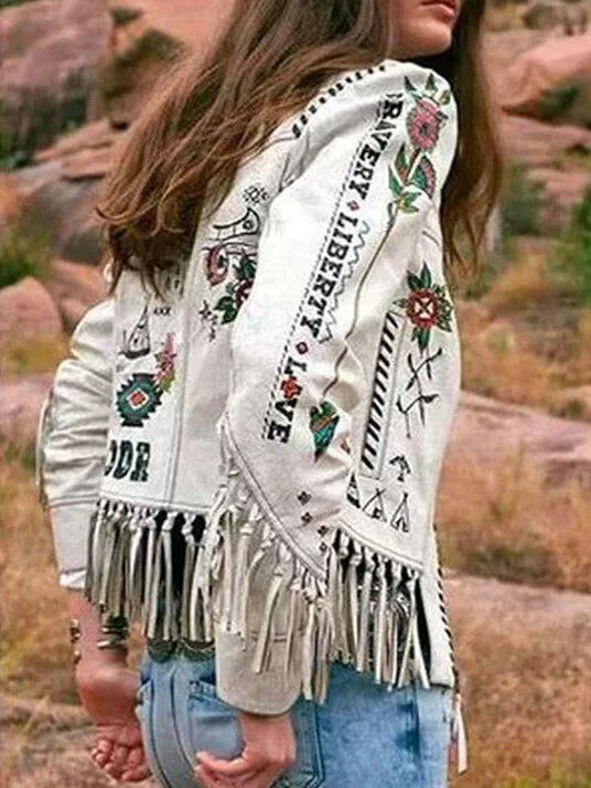 Vintage Western Style Long Sleeve Print Tassel Coat.