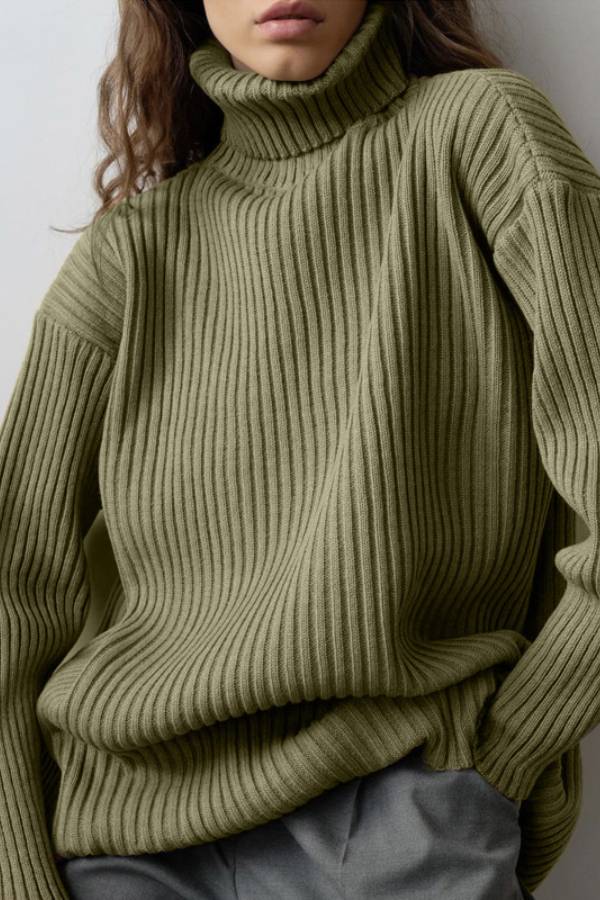 Turtleneck Ribbed Loose Sweater & Knit Midi Skirt Two‑Piece Set