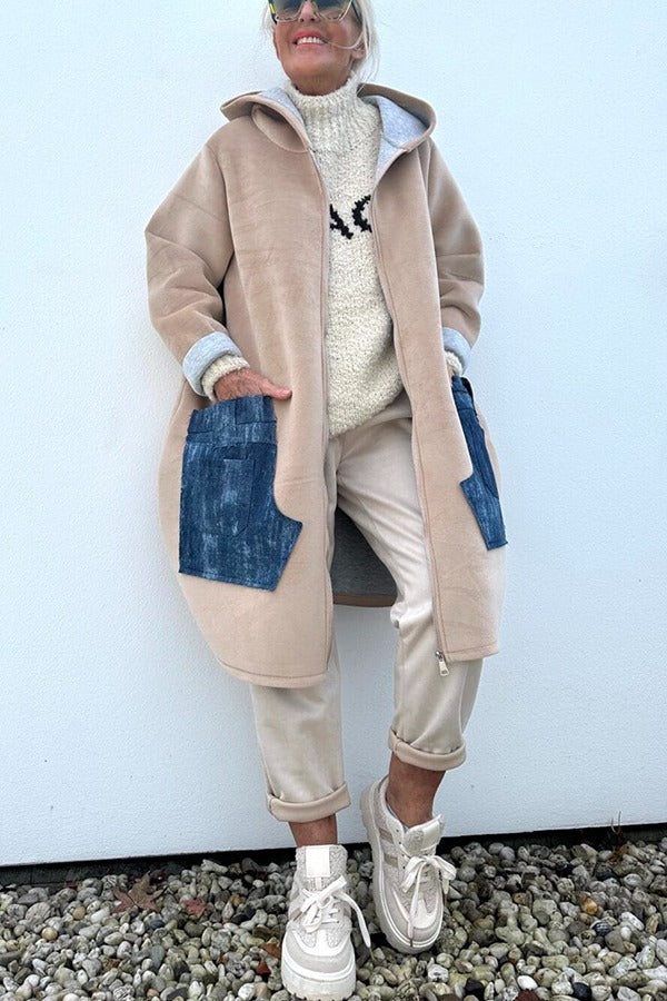 Soft and Warm Zipper Denim Pocket Long Sleeve Hooded Midi Sweatshirt Coat