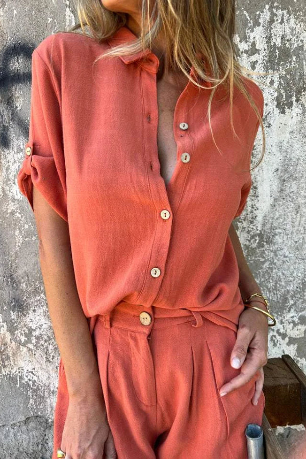 Orange Summer Cotton and Linen Short-sleeved Suit