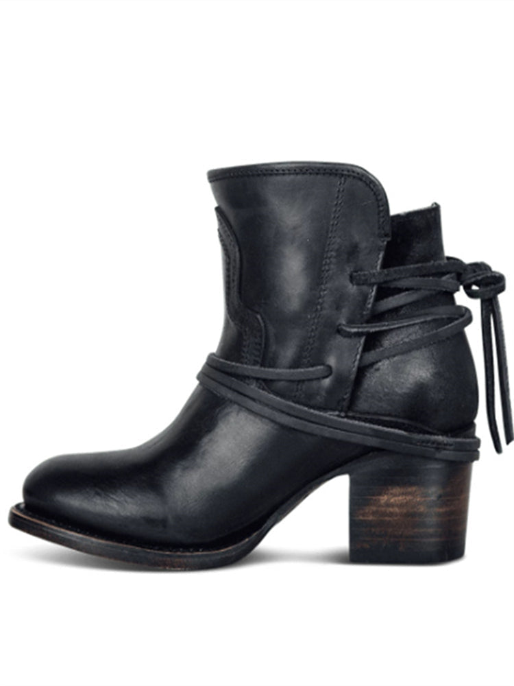 Wisherryy Laced Washed Leather Patchwork Ankle Boots