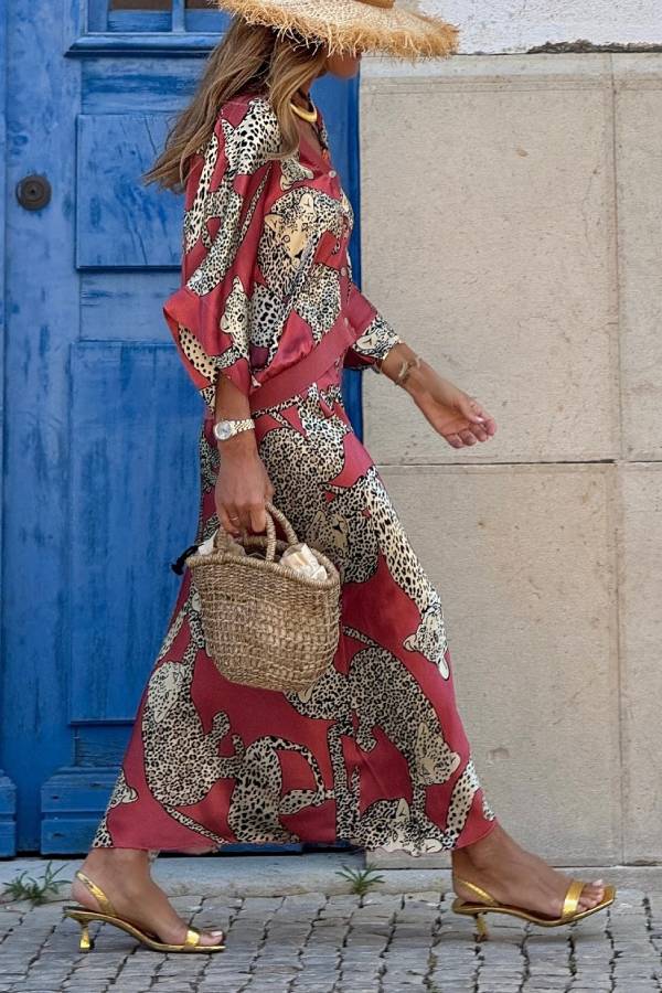 Burgundy Leopard Print Satin Shirt Maxi Dress Set