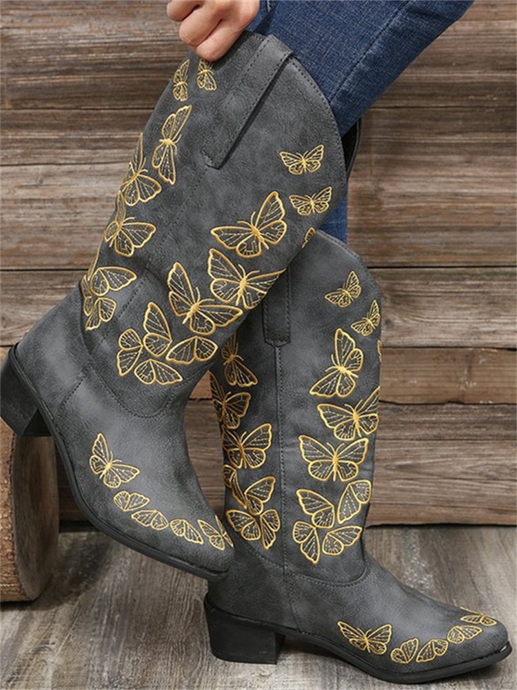 Butterflies Embroidered Wide Calf Boots