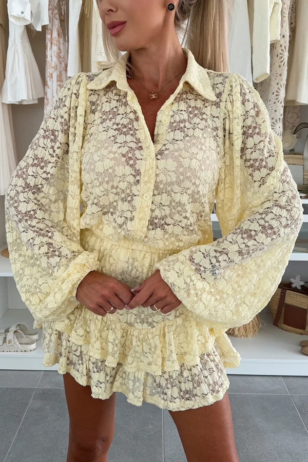 Nicola Lace Long Balloon Sleeve Blouse and Elastic Waist Layered Skort Set