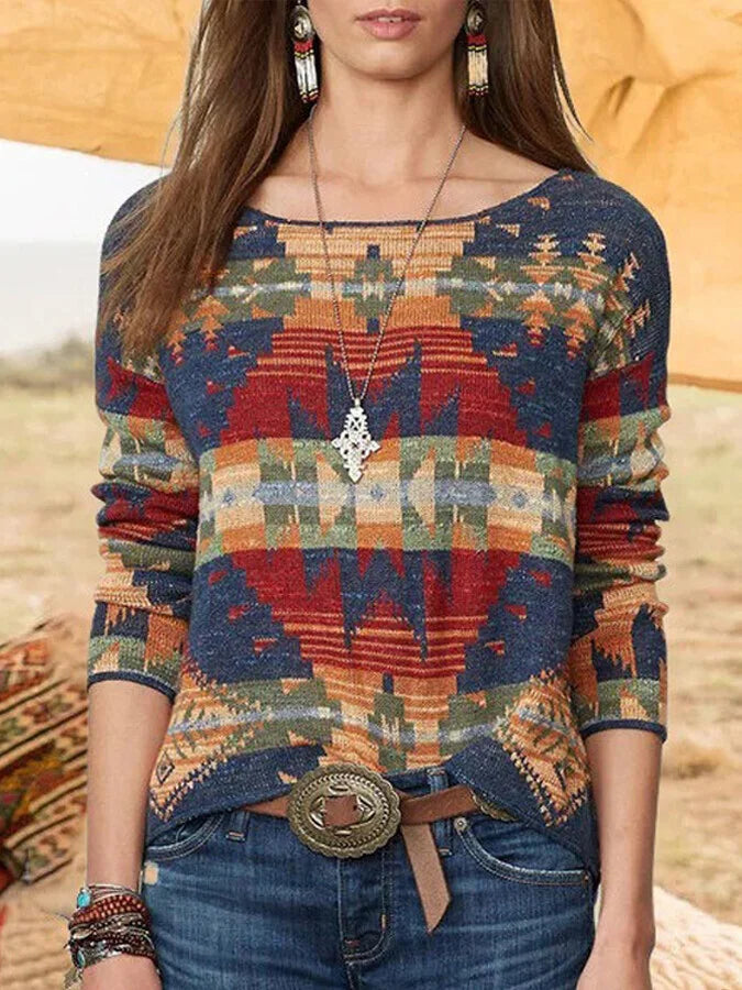 Women's Retro Aztec Print Casual Sweater.