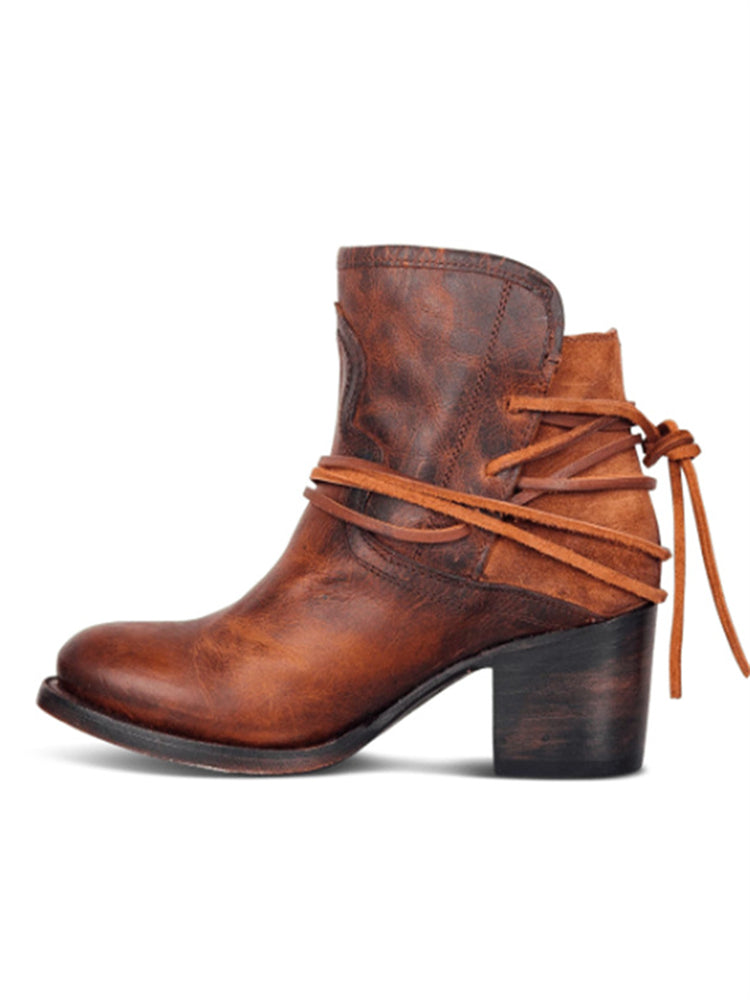 Wisherryy Laced Washed Leather Patchwork Ankle Boots