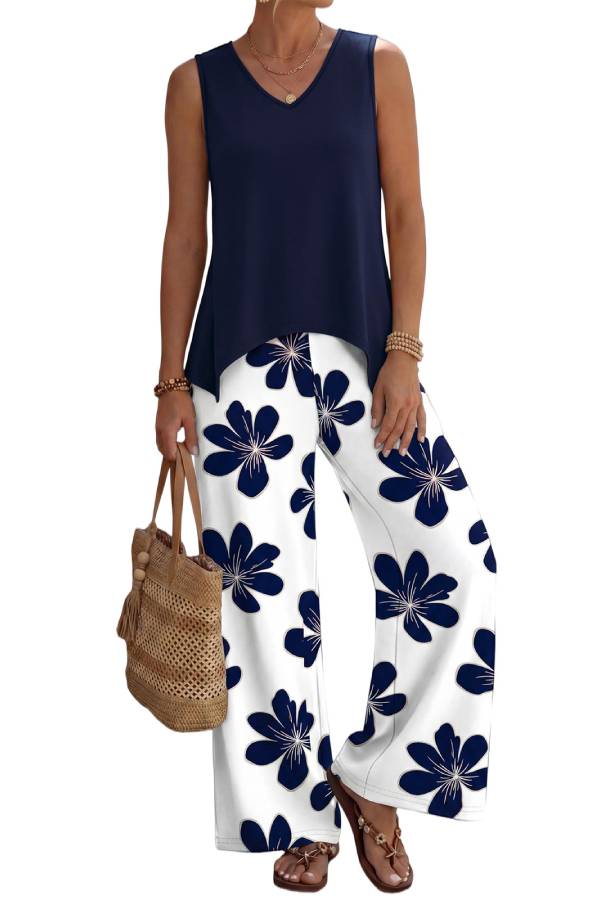 V Neck Sleeveless Tank Leaf Print Wide Leg Pants 2 Piece Vacation Set