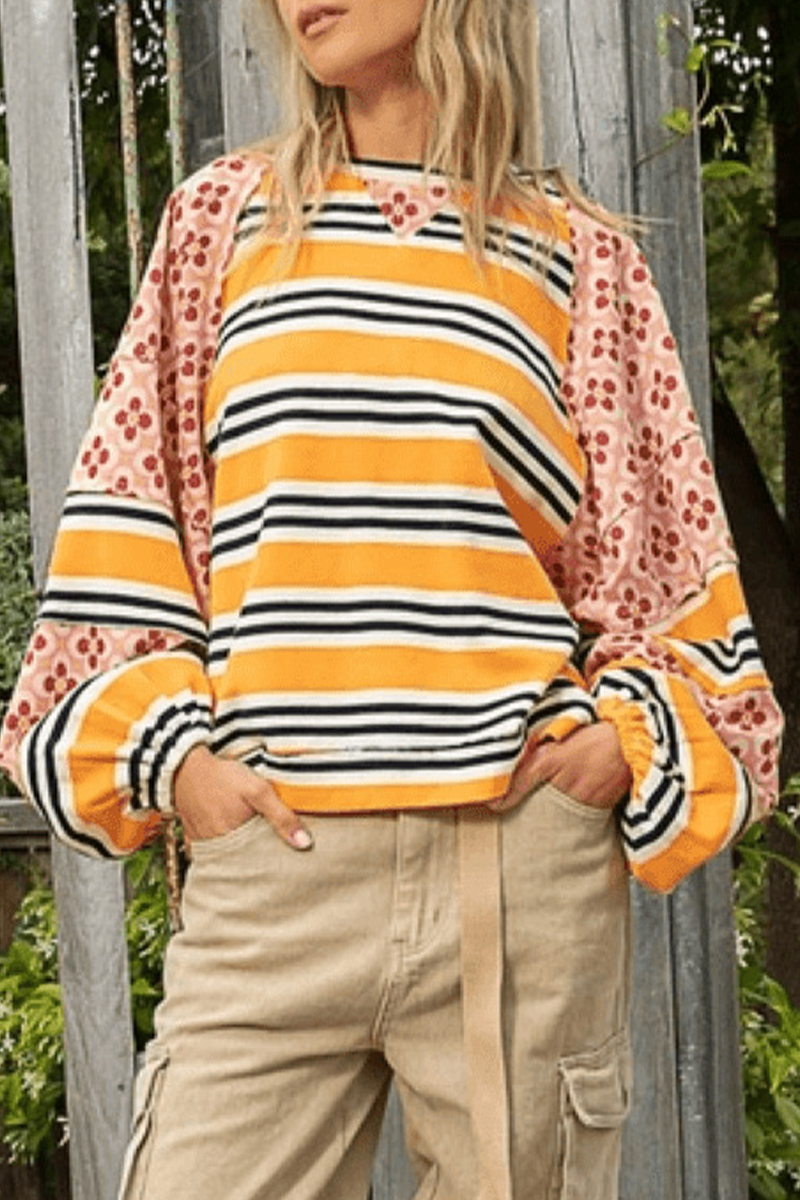 Casual Striped Print Flowers Contrast O Neck Hoodies