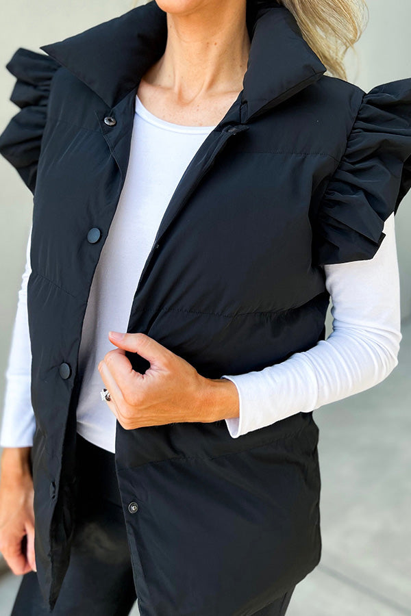 Casual stand-up collar, buttoned double pockets, flying ruffled sleeves vest
