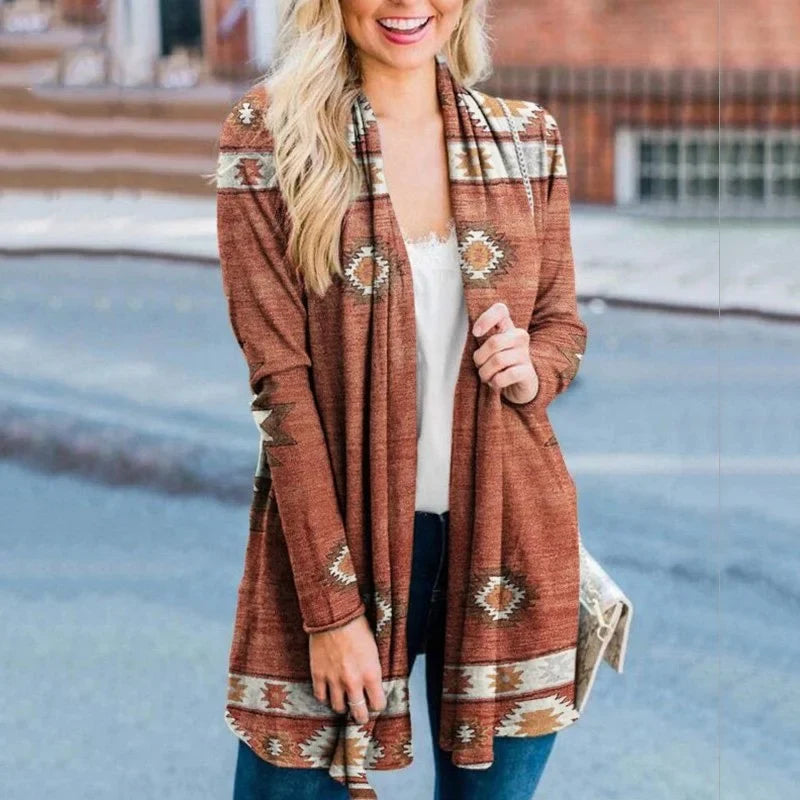 fashion Vintage printed long sleeved cardigan coat