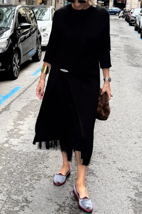 Jollie Knit Long Sleeve Front Slit Midi Sweater and Pleated Tulle Stretch Tank Midi Dress Two-piece Set