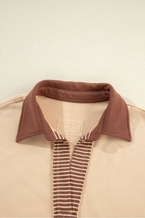 Light French Beige Striped Patchwork Collar Sweatshirt