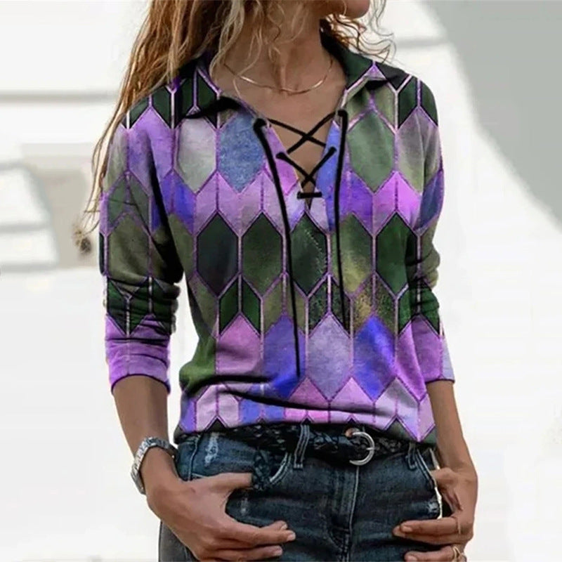 Loose Printed Long-Sleeved Tie V-Neck T-Shirt