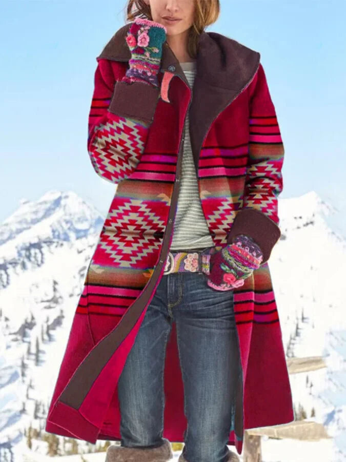 Women's retro ethnic print woolen coat.