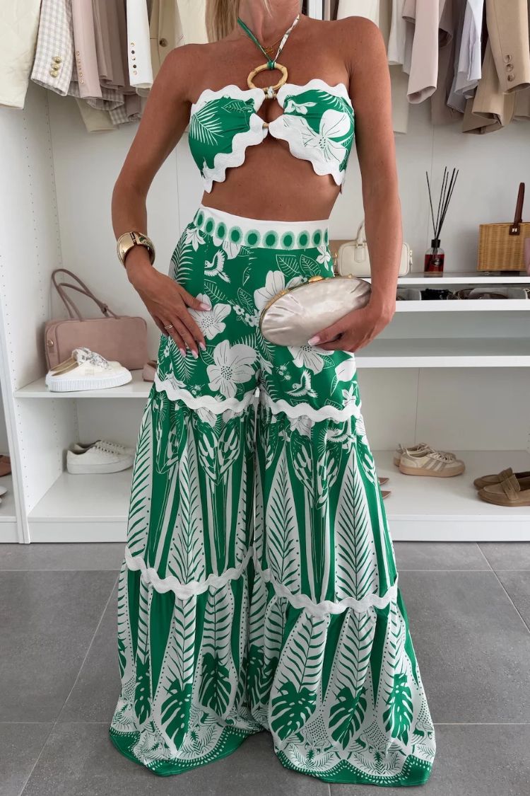 Cassie Ric Rac Trims Unique Print Halter Ring Tank and High Rise Wide Leg Pants Set