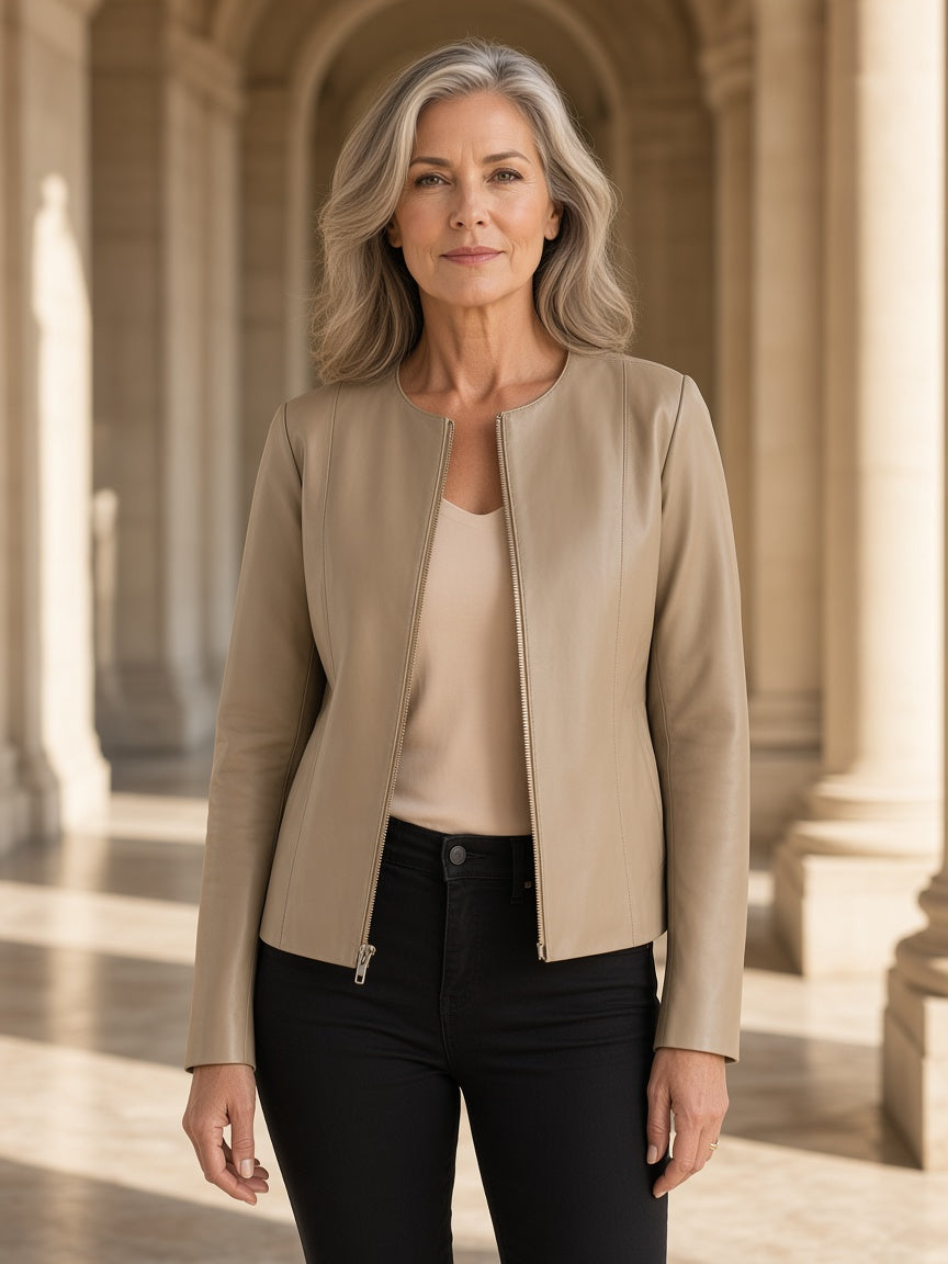 Elixir Beige Collarless Leather Jacket