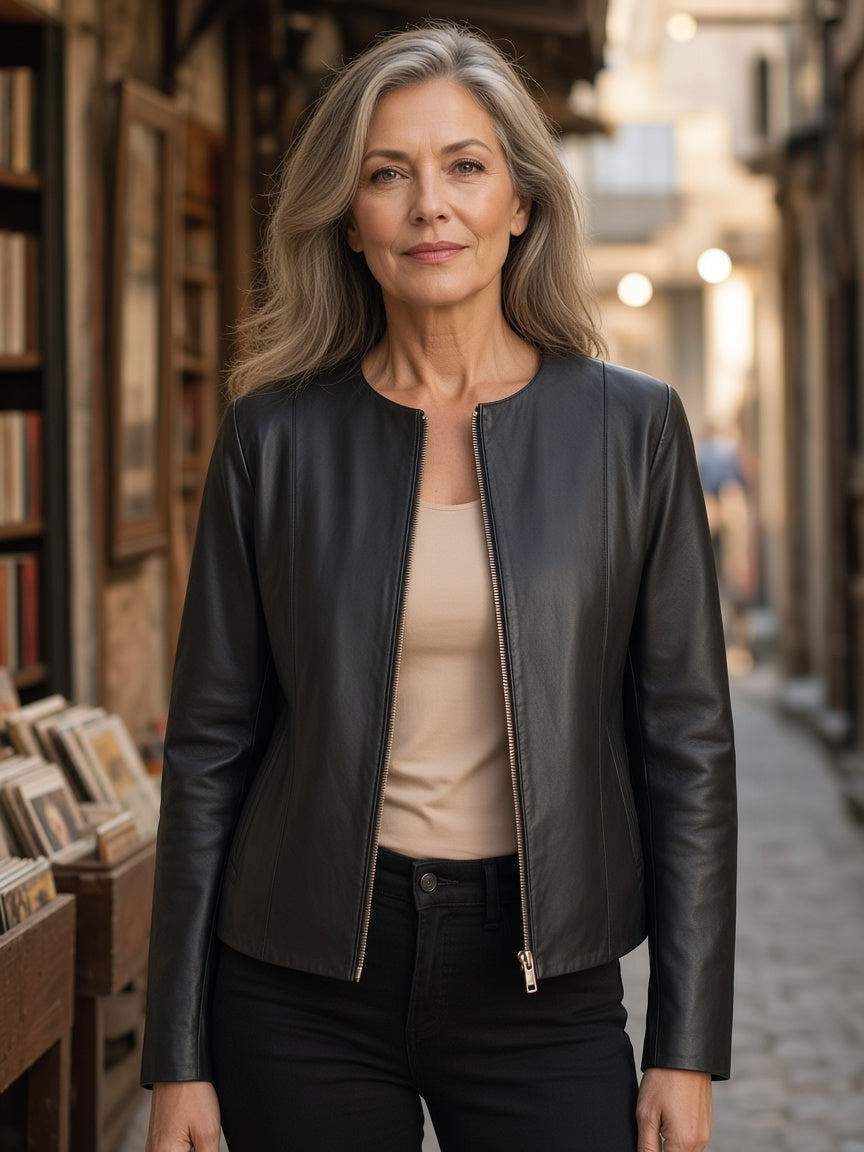 Elixir Black Collarless Leather Jacket