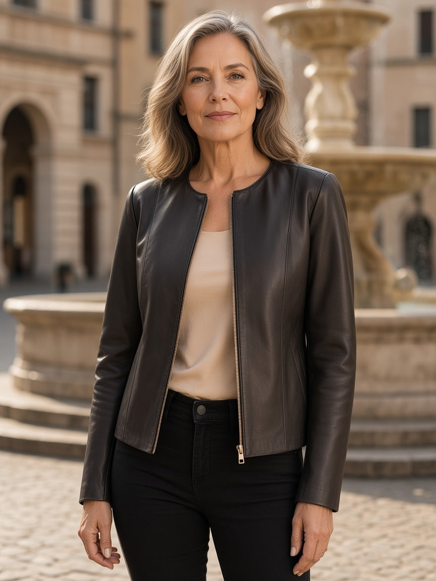 Elixir Brown Collarless Leather Jacket
