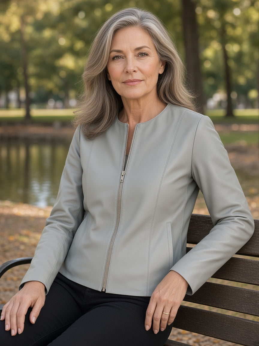 Elixir Grey Collarless Leather Jacket