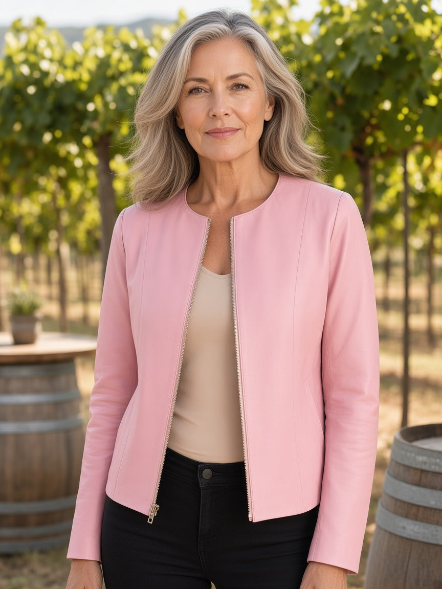 Elixir Pink Collarless Leather Jacket