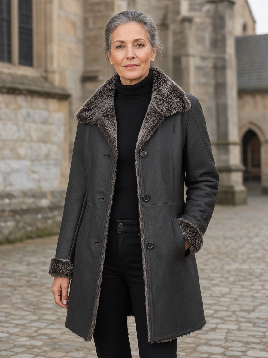 Erica Shearling Black Leather Coat