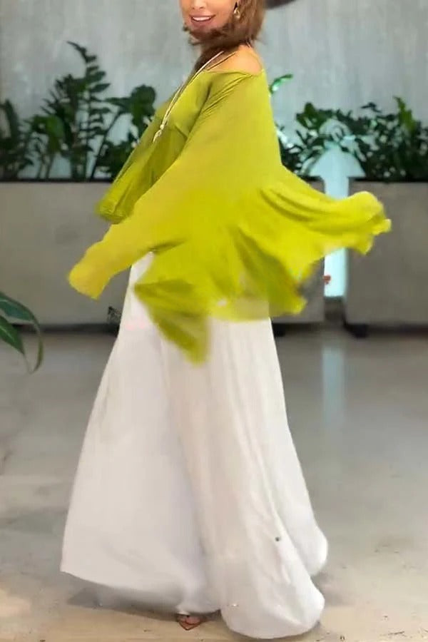 Romantic Journey Chiffon Ruffle Batwing Sleeve Top and Elastic Waist Pocket Loose Pants Set